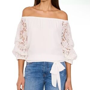 NWT Vince 
Women's Off-The-Shoulder Lace Bubble 3/4-Sleeve Tie-Front Blouse